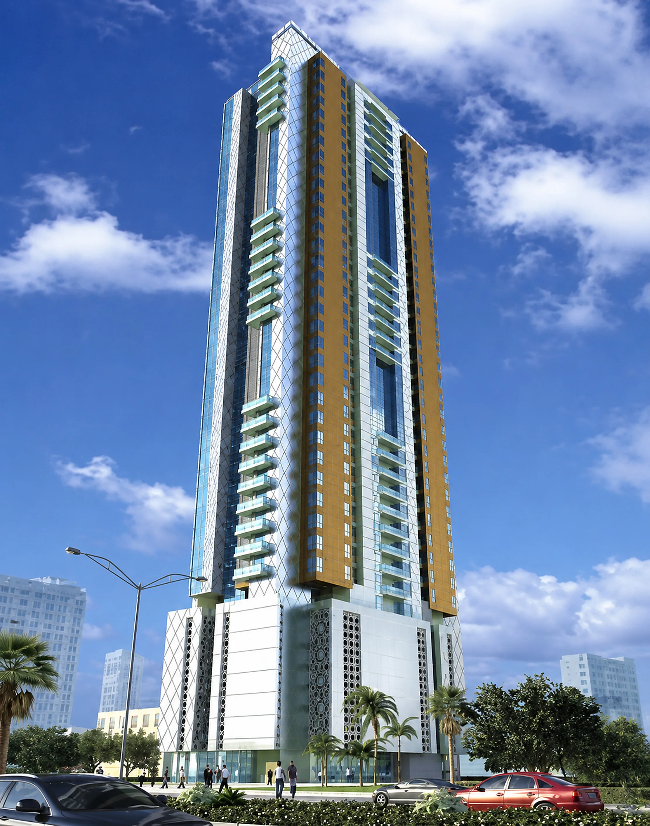 An architectural visualisation of Al Qasimia University Endowment Tower showing the full height of the tower, its projecting balconies and the patterned screens on the podium