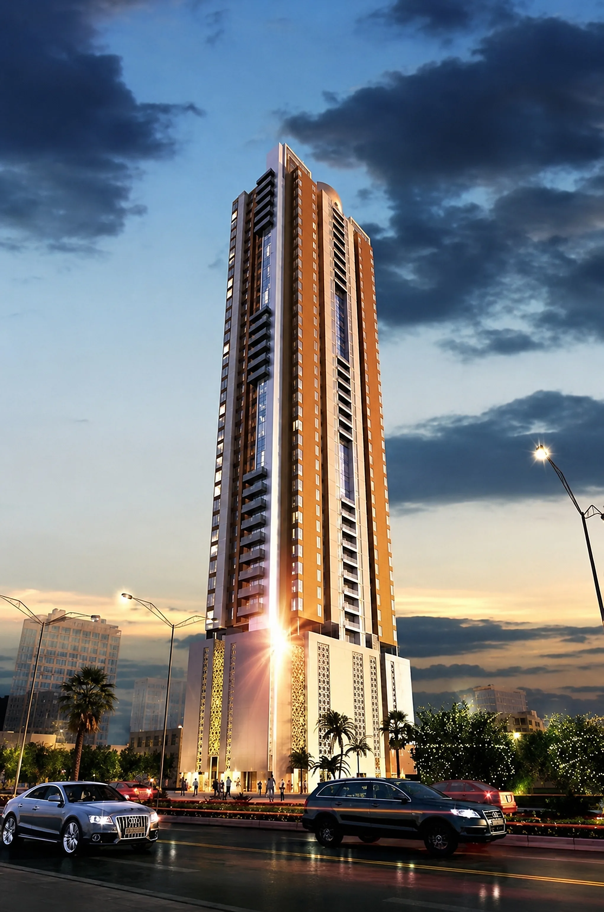 An architectural visualisation of Al Qasimia University Endowment Tower at dusk, showing the intended lit appearance with the podium screens glowing and the street below
