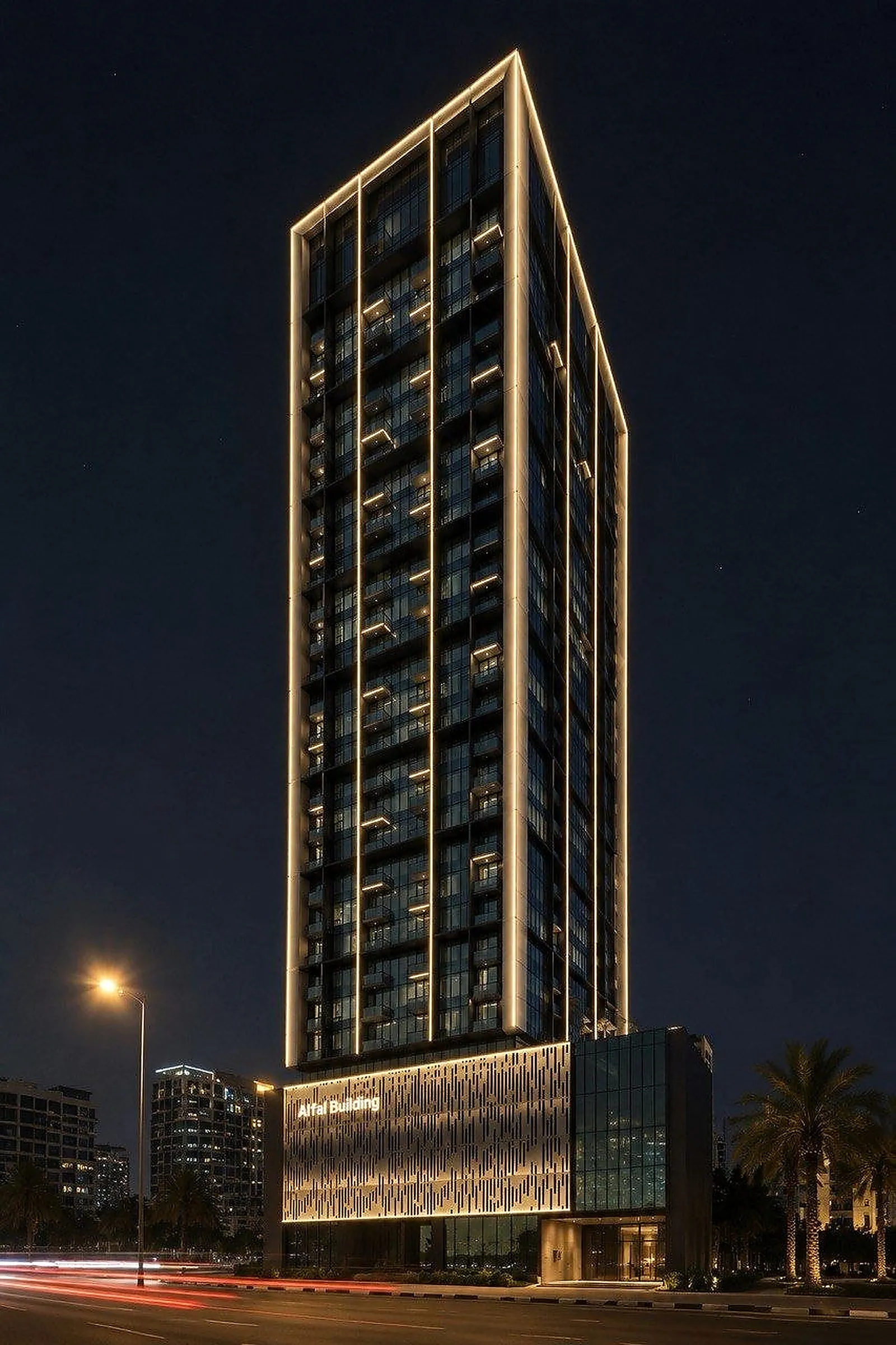 Alfal Tower at night, its perimeter edges outlined in warm linear light with the podium lit separately below