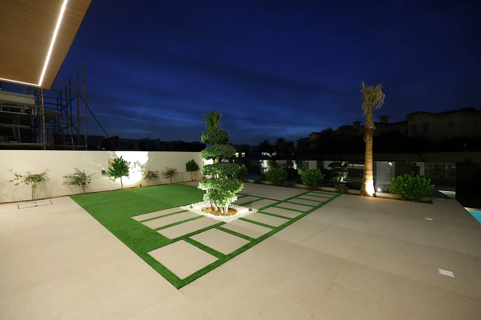 An uplit palm and a tree throwing its leaf shadow across the boundary wall in the Alkhafaji villa garden