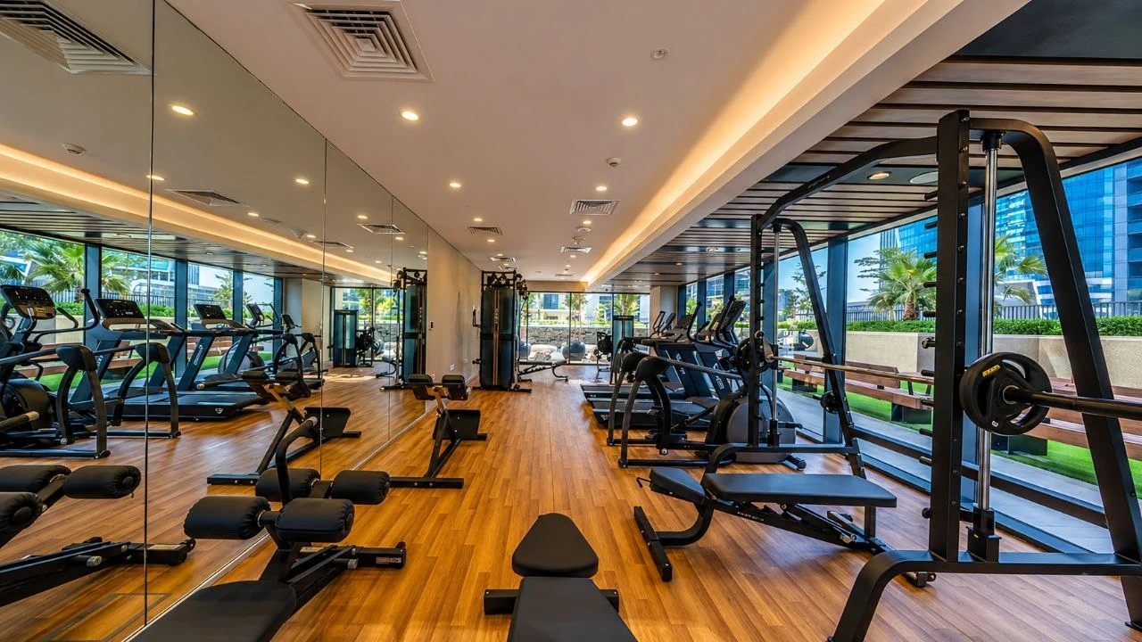 The residents gym at Zada Tower, lit by a perimeter cove and ceiling downlights