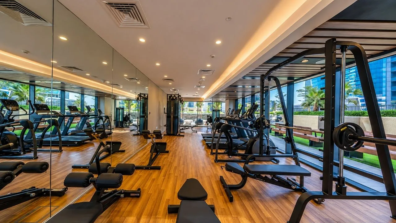 The residents gym at Zada Tower, with a perimeter cove, ceiling downlights, a full mirror wall on the left and full-height glazing on the right